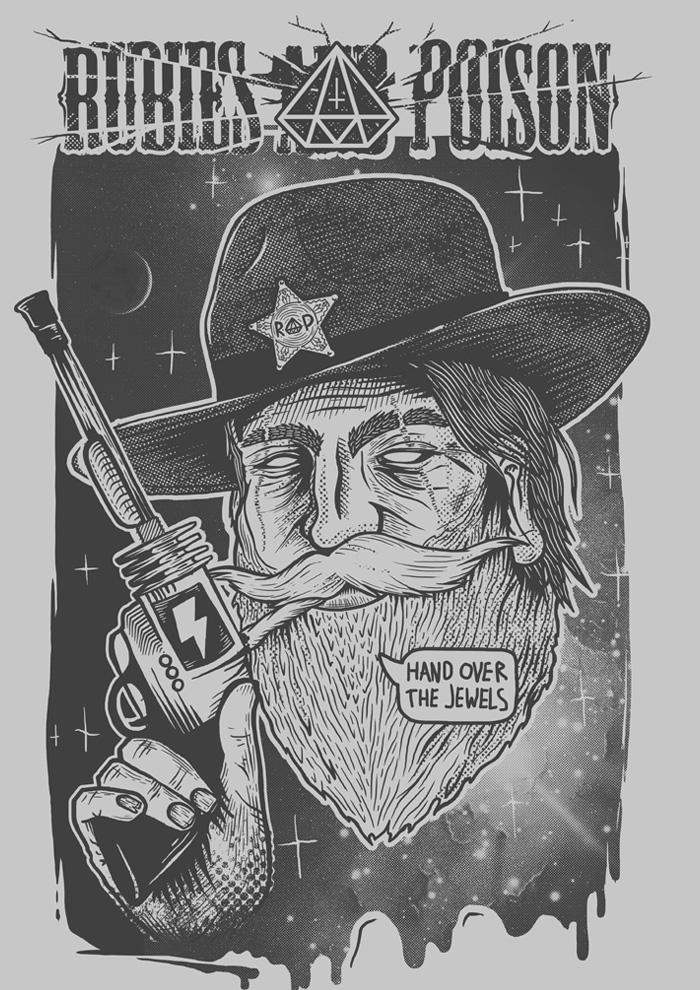 Rubies & Poison Space Cowboy Illustration by Daniel Sawyer Merch Design – Print Design